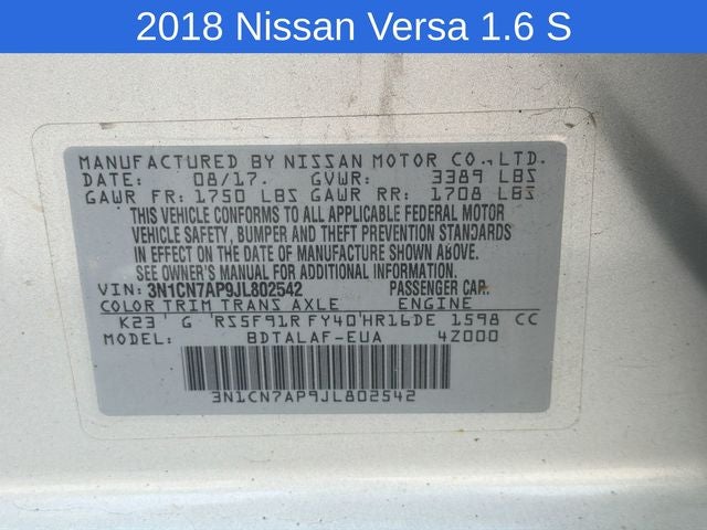 2018 Nissan Versa 1.6 S